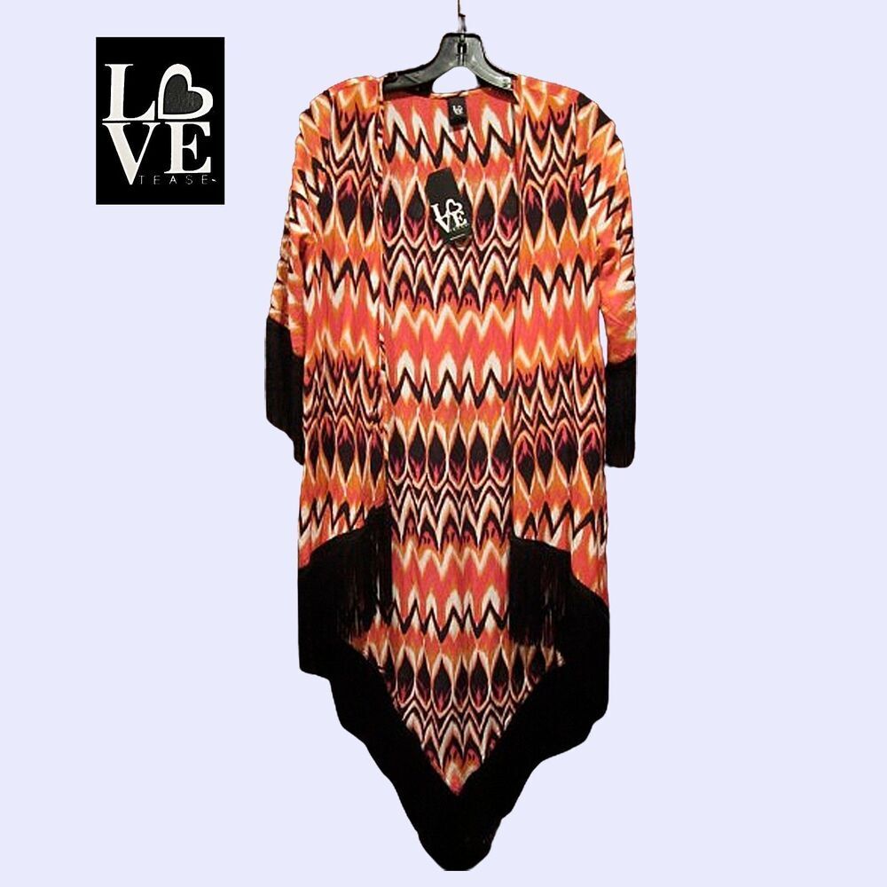 LOVE TEASE NEW Tribal Fringe Kimono Blazer Cover-Up XS Boho Dopamine